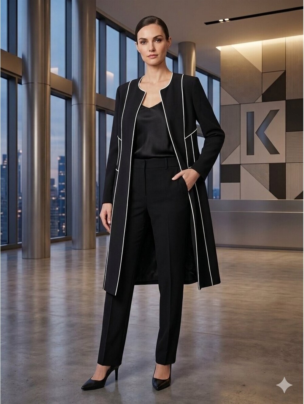 Kasper Black Vanilla Ice Contrast Piping Crepe Duster Topper Coat Jacket 8 New